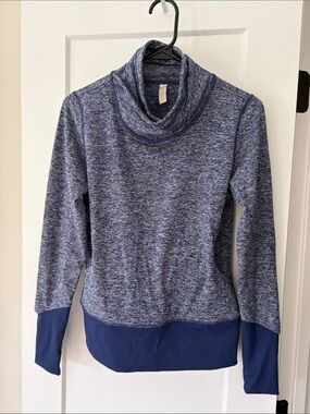 Lucy Blue Heathered Cowl Neck Athletic Sweater with Navy Trim